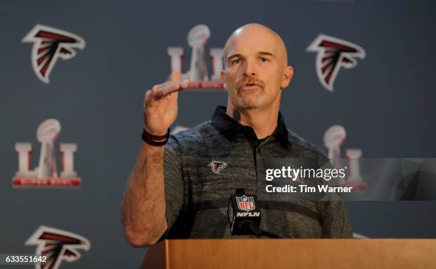 Head coach Dan Quinn of the Atlanta Falcons adresses the media during the Super Bowl LI press conference on February 2, 2017 in Houston, Texas.