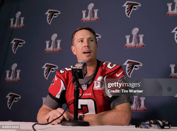 Matt Ryan of the Atlanta Falcons addresses the media during the Super Bowl LI press conference on February 2, 2017 in Houston, Texas.