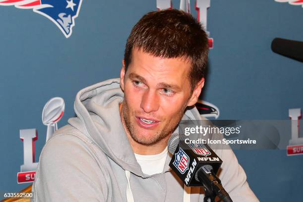 New England Patriots quarterback Tom Brady answers questions from the media during the New England Patriots Press Conference on February 02 at the JW...