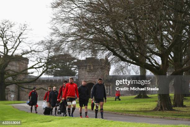 Toby Faletau of Wales walks to a Wales training session with team mates on February 2, 2017 in Cardiff, Wales.