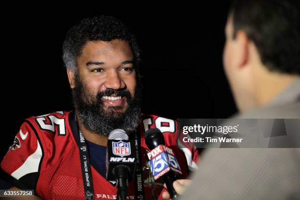 Chris Chester of the Atlanta Falcons addresses the media during the Super Bowl LI press conference on February 2, 2017 in Houston, Texas.