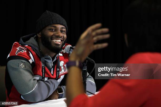 Brian Poole of the Atlanta Falcons addresses the media during the Super Bowl LI press conference on February 2, 2017 in Houston, Texas.