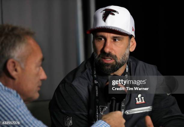 Linebackers coach Jeff Ulbrich or the Atlanta Falcons speaks with the media during the Super Bowl LI press conference on February 2, 2017 in Houston,...