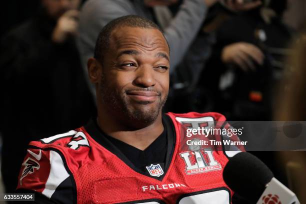 Dwight Freeney of the Atlanta Falcons reacts to a question during the Super Bowl LI press conference on February 2, 2017 in Houston, Texas.