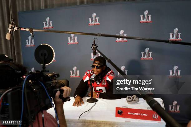 Mohamed Sanu of the Atlanta Falcons addresseses the media during the Super Bowl LI press conference on February 2, 2017 in Houston, Texas.