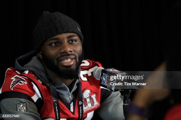 Brian Poole of the Atlanta Falcons addresses the media during the Super Bowl LI press conference on February 2, 2017 in Houston, Texas.