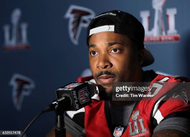 Robert Alford of the Atlanta Falcons addresses the media during the Super Bowl LI press conference on February 2, 2017 in Houston, Texas.