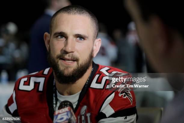 Paul Worrilow of the Atlanta Falcons speaks with the media during the Super Bowl LI press conference on February 2, 2017 in Houston, Texas.