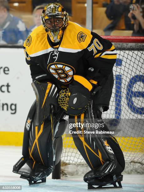 Goaltender Malcolm Subban of the Boston Bruins warms up before the game against the Toronto Maple Leafs at TD Garden on February 2, 2016 in Boston,...
