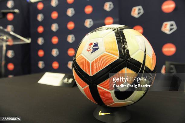 View of a soccer ball during the Lifetime National Women's Soccer League press conference on February 2, 2017 in New York City.