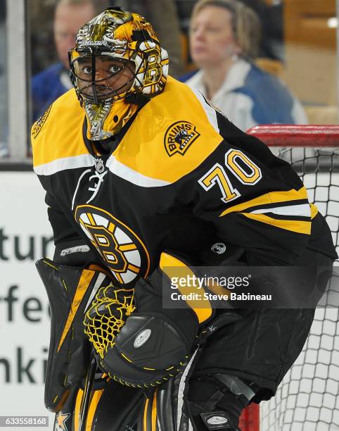 Goaltender Malcolm Subban of the Boston Bruins warms up before the game against the Toronto Maple Leafs at TD Garden on February 2, 2016 in Boston,...