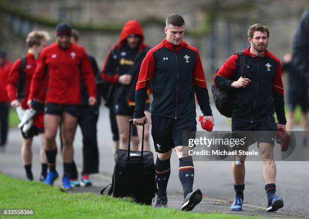 Scott Williams and Leigh Halfpenny of Wales walk to a training session on February 2, 2017 in Cardiff, Wales.