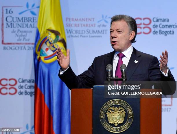 Colombian President and 2016 Nobel peace laureate Juan Manuel Santos delivers a speech during the opening ceremony of the 16th World Summit of Nobel...
