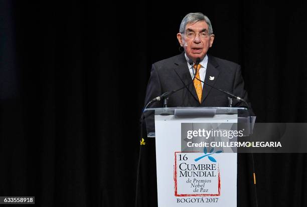 Costa Rican former president and 1987 Nobel Peace laureate Oscar Arias delivers a speech during the opening ceremony of the 16th World Summit of...