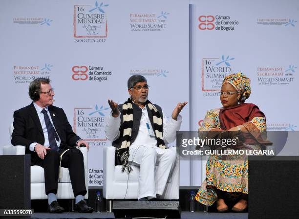 Nobel Peace laureates David Trimble , Kailash Satyarthi and Leymah Gbowee attend the opening ceremony of the 16th World Summit of Nobel Peace...