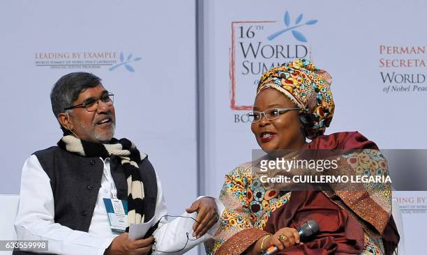 Nobel Peace laureates Leymah Gbowee and Kailash Satyarthi attend the opening ceremony of the 16th World Summit of Nobel Peace Laureates in Bogota,...