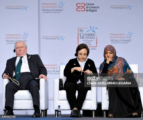 Nobel Peace laureates Lech Walesa , Shirin Ebadi and Tawakkul Karman attend the opening ceremony of the 16th World Summit of Nobel Peace Laureates in...