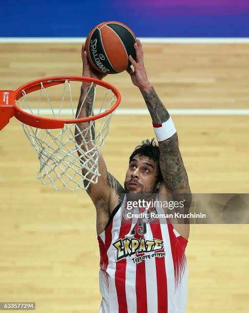 Georgios Printezis, #15 of Olympiacos Piraeus in action during the 2016/2017 Turkish Airlines EuroLeague Regular Season Round 21 game between Unics...