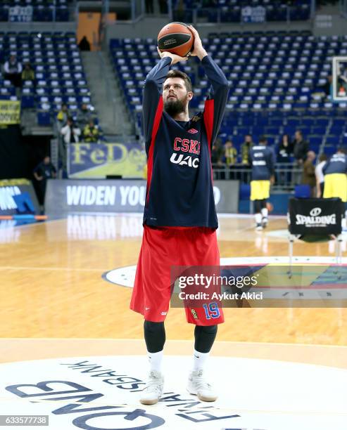 Joel Freeland, #19 of CSKA Moscow warms-up prior to the 2016/2017 Turkish Airlines EuroLeague Regular Season Round 21 game between Fenerbahce...