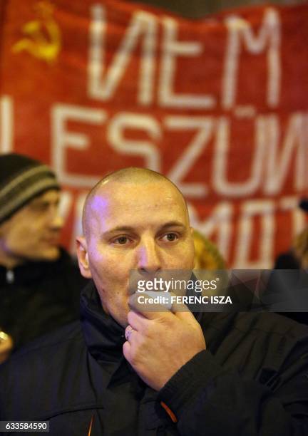 People protest against the visit of Russian President Vladimir Putin in Budapest on February 2, 2017. The Russian President is on brief visit to...