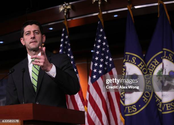 Speaker of the House Rep. Paul Ryan speaks during his weekly news conference February 2, 2017 on Capitol Hill in Washington, DC. Speaker Ryan held...