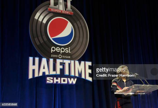Lady Gaga speaks onstage at the Pepsi Zero Sugar Super Bowl LI Halftime Show Press Conference on February 2, 2017 in Houston, Texas.