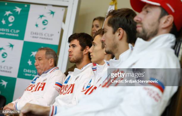Russia Davis Cup team players and team captain Shamil Tarpischev, Karen Khachanov, Andrey Kuznetsov, Daniil Medvedev and Konstantin Kravchuk look on...