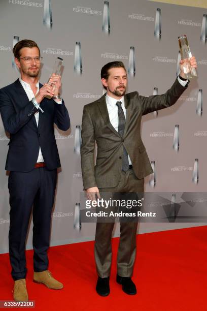 Joko Winterscheidt and Klaas Heufer-Umlauf pose with their awards at the German Television Award at Rheinterrasse on February 2, 2017 in Duesseldorf,...