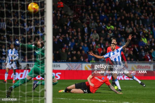 Nahki Wells of Huddersfield Town scores a goal to make it 2-1 during the Sky Bet Championship match between Huddersfield Town and Brighton & Hove...