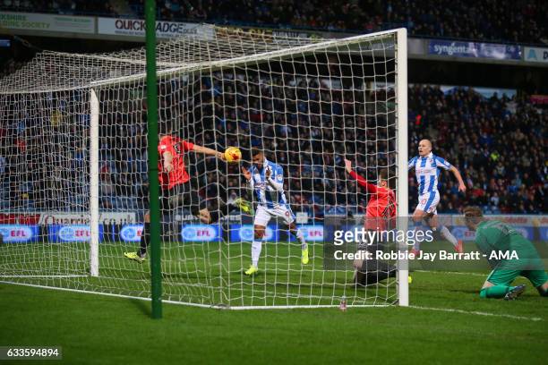 Elias Kachunga of Huddersfield Town scores a goal to make it 3-1 during the Sky Bet Championship match between Huddersfield Town and Brighton & Hove...