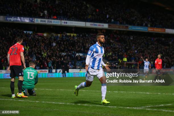 Elias Kachunga of Huddersfield Town celebrates after scoring a goal to make it 3-1 during the Sky Bet Championship match between Huddersfield Town...