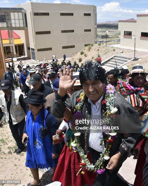 Bolivian President Evo Morales Ayma waves to the public during the inauguration of the "Democratic and Cultural Revolution Museum" in his native...