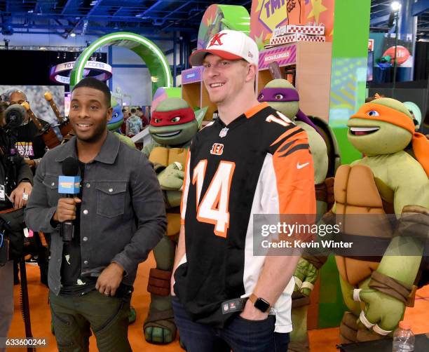 Kel Mitchell and Andy Dalton of the Cincinnati Bengals at the Nickelodeon Activation at the NFL Experience at Super Bowl LI in Houston, Texas.