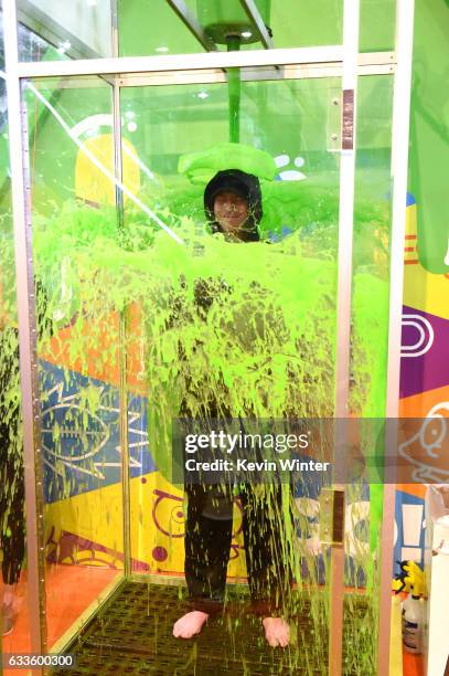 Andy Dalton of the Cincinnati Bengals gets slimed at Nickelodeon's Activation at the NFL Experience at Super Bowl LI in Houston, Texas.