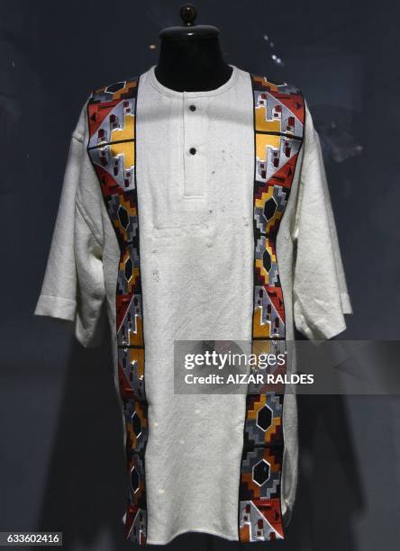 The traditional shirt President Evo Morales wore for his first presidential inauguration is displayed at the "Democratic and Cultural Revolution...