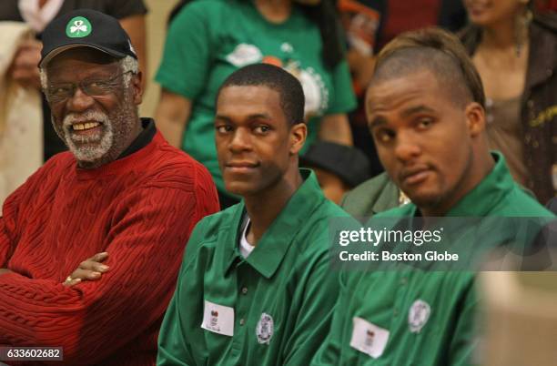 Former Celtics great Bill Russell, left, is pictured with current players Rajon Rondo, center, and Glen Davis in Boston on Jun. 6, 2008. The Boston...