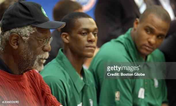 Former Celtics great Bill Russell, left, is pictured with current players Rajon Rondo, center, and Glen Davis in Boston on Jun. 6, 2008. The Boston...