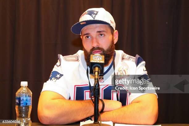 New England Patriots outside linebacker Rob Ninkovich answers questions from the media during the New England Patriots Press Conference on February...