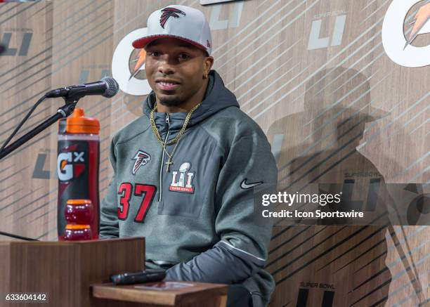 Atlanta Falcons free safety Ricardo Allen poses for photographs during Super Bowl Opening Night on January 30, 2017 at Minute Maid Park in Houston,...