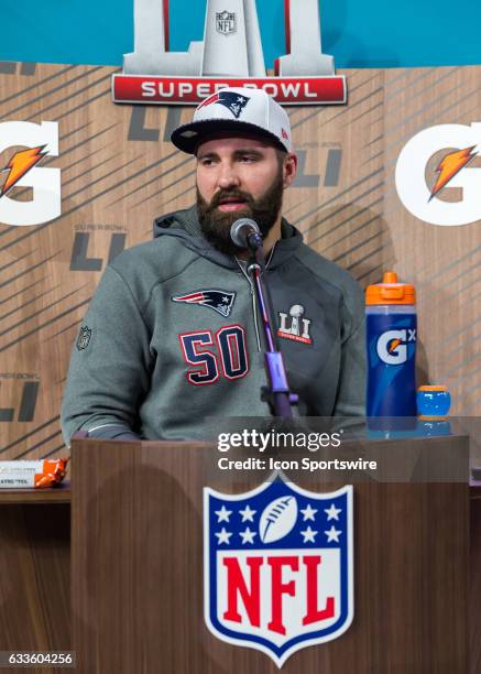 New England Patriots outside linebacker Rob Ninkovich responds to questions from reporters during Super Bowl Opening Night on January 30, 2017 at...