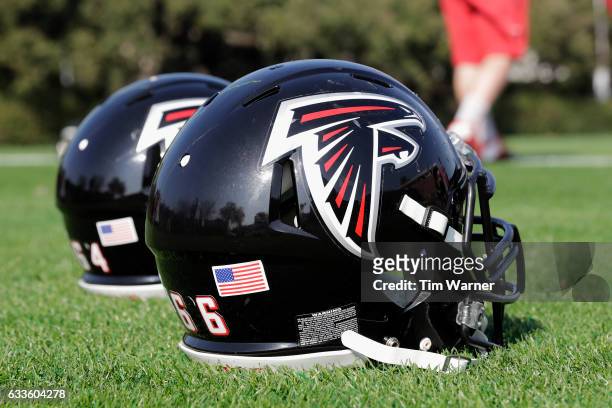 Atlanta Falcons helmets on the field during the Super Bowl LI practice on February 2, 2017 in Houston, Texas.