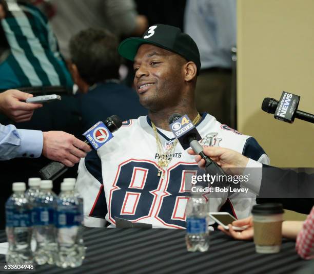 Martellus Bennett of the New England Patriots answers questions during Super Bowl LI media availability at the J.W. Marriott on February 2, 2017 in...