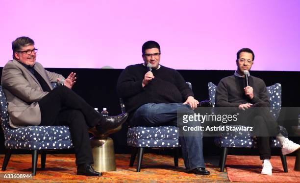 Guide Magazine's Jim Halterman and Co-creators and executive producers Adam Horowitz and Edward Kitsis speak on stage during "Once Upon A Time" press...