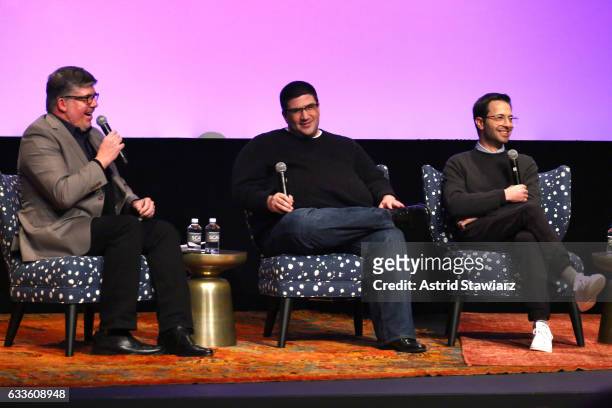 Guide Magazine's Jim Halterman and Co-creators and executive producers Adam Horowitz and Edward Kitsis speak on stage during "Once Upon A Time" press...