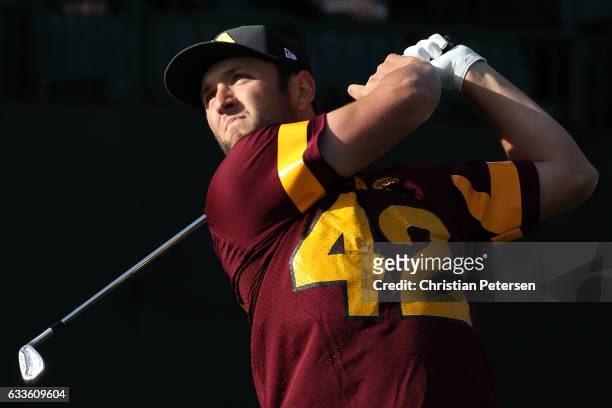Jon Rahm of Spain plays his tee shot on the 16th hole during the first round of the Waste Management Phoenix Open at TPC Scottsdale on February 2,...