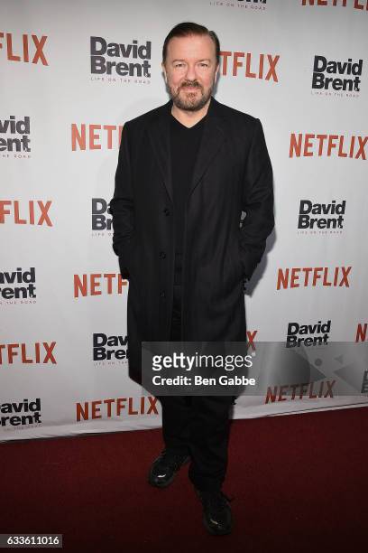 Comedian Ricky Gervais attends the "David Brent: Life on the Road" New York Screening at The Metrograph on February 2, 2017 in New York City.