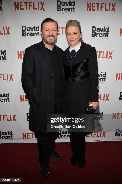 Comedian Ricky Gervais and author Jane Fallon attend the "David Brent: Life on the Road" New York Screening at The Metrograph on February 2, 2017 in...