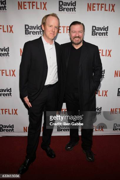 Netflix executive Ian Bricke and comedian Ricky Gervais attend the "David Brent: Life on the Road" New York Screening at The Metrograph on February...