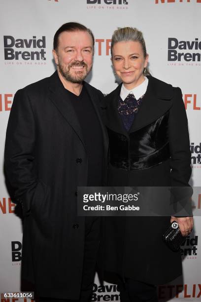 Comedian Ricky Gervais and author Jane Fallon attend the "David Brent: Life on the Road" New York Screening at The Metrograph on February 2, 2017 in...