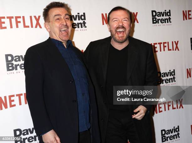 Charlie Hanson and Ricky Gervais attend "David Brent: Life on the Road" New York Screening at Metrograph on February 2, 2017 in New York City.